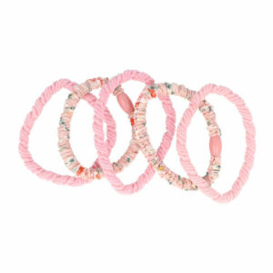 Haarelastieken basic - Ribbel bloemenprint - Roze - Set van 5
