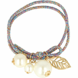 2110759359 Haarelastiek – Parelkralen – Metalen Bladbedel - Blauw Wit Goud