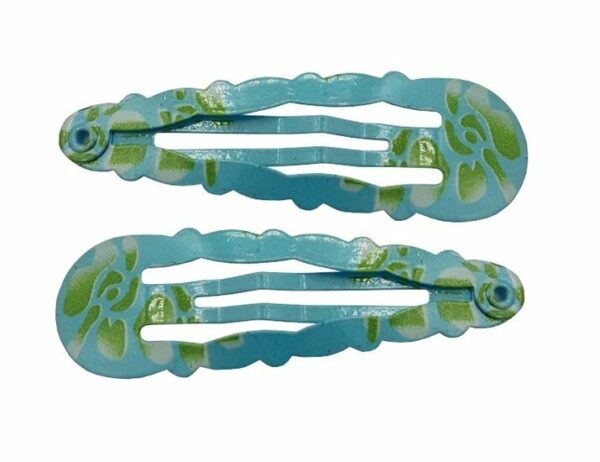 2110763859 Haarspeld Klikklak 5 cm - Bloemenpatroon - Blauw Groen - Set van 2