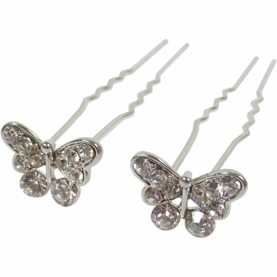 2110763979 Haarspeld haarpinnen - Vlinder strass steentjes - Zilver - Set van 2
