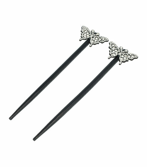 2110768119 Haarspeld haarpinnen - Haarstokjes vlinder glitter hout 18cm - Zilver zwart - Set van 2