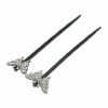 2110768122 Haarspeld haarpinnen - Haarstokjes vlinder glitter hout 18cm - Zilver zwart - Set van 2