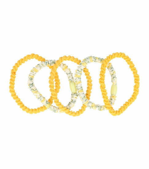 2110768200 Haarelastieken basic - Ribbel bloemenprint - Geel - Set van 5