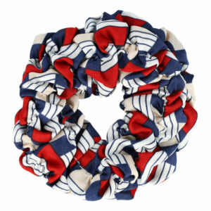 Haarelastiek Scrunchie – Blokkenprint – Gladde Stof – Blauw Wit Beige Rood
