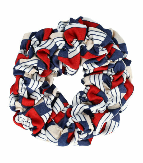 2110768227 Haarelastiek Scrunchie – Blokkenprint – Gladde Stof – Blauw Wit Beige Rood