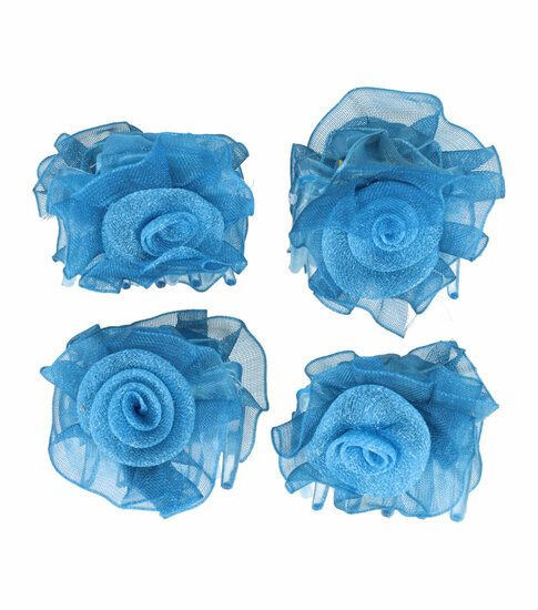 2110768335 Haarspeld Haarklemmen 3cm – Roos Bloem – Chiffon Stof – Blauw – Set van 4
