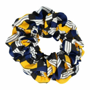 Haarelastiek Scrunchie – Blokkenprint – Gladde Stof – Blauw Wit Zwart Geel