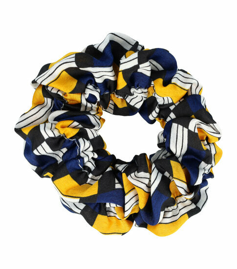 2110770039 Haarelastiek Scrunchie – Blokkenprint – Gladde Stof – Blauw Wit Zwart Geel
