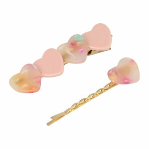 Haarspeld Duckklem en Schuifspeldje 6cm – Parelmoer Hartjes – Roze – Set van 2