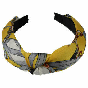 Haarband Diadeem 3cm – Knoop Fashionprint – Gladde Stof – Geel Grijs Wit