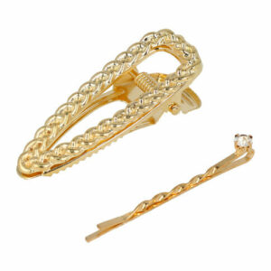 Haarspeld Duckklem en Schuifspeldje 6cm – Open Vorm met Ketting en Strass – Goud – Set van 2