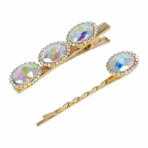 Haarspeld Duckklem en Schuifspeldje 5,5cm – Facet Stenen – Parelmoer Zilver – Set van 2