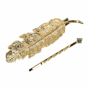 Haarspeld Duckklem en Schuifspeldje 7cm – Veervorm en Strass Steentje – Goud – Set van 2
