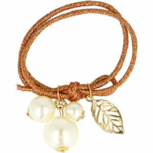 2110781553 Haarelastiek – Parelkralen – Metalen Bladbedel - Bruin Wit Goud