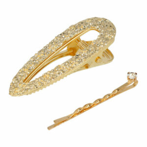 Haarspeld Duckklem en Schuifspeldje 6,5cm – Open Vorm Ribbel en Strass – Goud – Set van 2