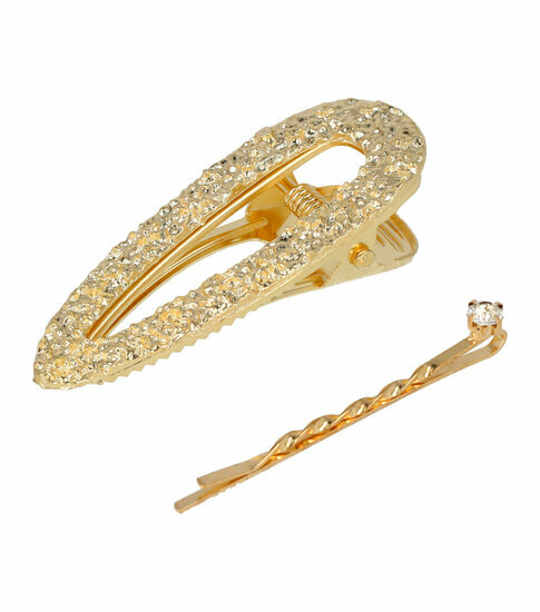 2110781595 Haarspeld Duckklem en Schuifspeldje 6,5cm – Open Vorm Ribbel en Strass – Goud – Set van 2