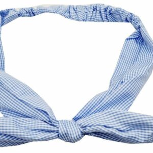 Haarband Knoop 6cm – Strikje met IJzerdraad – Kleine Ruitprint – Gladde stof – Wit Lichtblauw