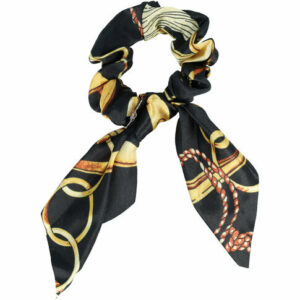 Haarelastiek Scrunchie – Strik Kettingprint – Gladde Stof – Zwart