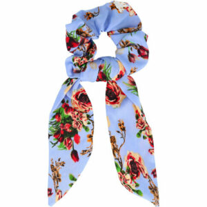 Haarelastiek Scrunchie – Glitter Roos Bloemenprint – 15cm Linten – Rood Blauw
