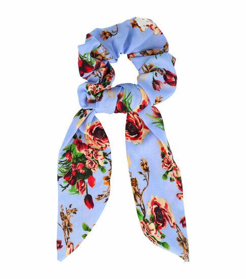 2110781772 Haarelastiek Scrunchie – Glitter Roos Bloemenprint – 15cm Linten – Rood Blauw