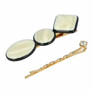 Haarspeld Duckklem en Schuifspeldjes 6cm – Cirkel, Vierkant & Ovaal – Goud Creme – Set van 2