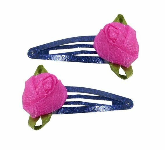 2110782993 Haarspeld Klikklak 5 cm - Roos Bloem Glitter - Roze Blauw - Set van 2