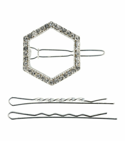 2110787691 Haarspeld haarclip - Zeshoek strass steentjes 4cm - Zilver - Set van 3