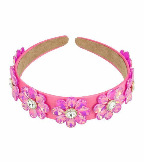 2110787781 Haarband Diadeem 4cm – Bloemvorm met Facetstenen – Gladde Stof – Fuchsia Roze
