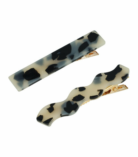 2110787829 Haarspeld Duckklemmen 6,5cm – Recht & Wave Marmerprint – Zwart Creme – Set van 2