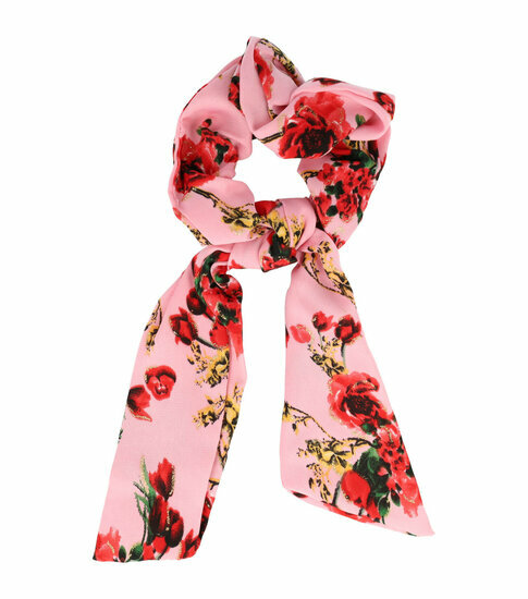 2110787856 Haarelastiek Scrunchie – Glitter Roos Bloemenprint – 15cm Linten – Rood Roze
