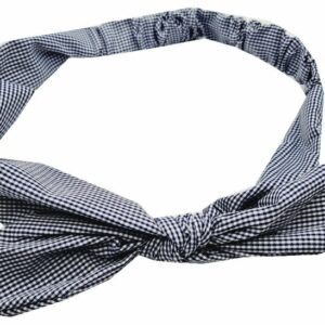 Haarband Knoop 6cm – Strikje met IJzerdraad – Kleine Ruitprint – Gladde stof – Wit Donkerblauw