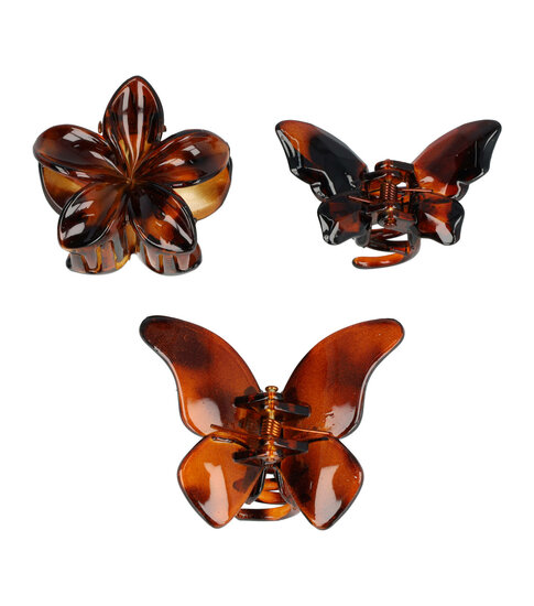 2110973001 Haarspeld Haarklemmen 4 cm – Bloemvorm & Vlindervorm – Bruin – Set van 3
