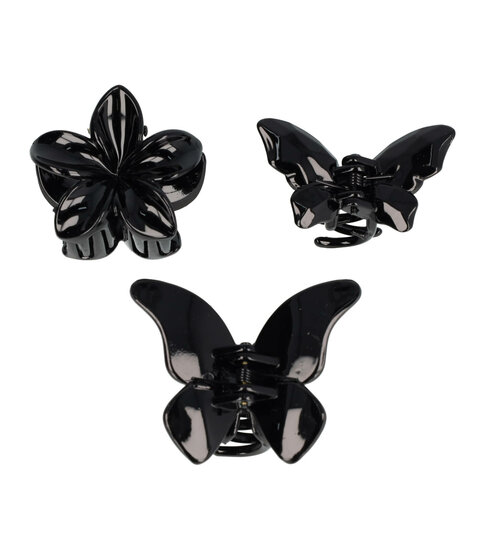 2110973013 Haarspeld Haarklemmen 4 cm – Bloemvorm & Vlindervorm – Zwart – Set van 3