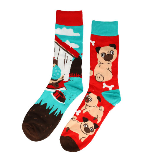 2113587450 Sokken Katoen - Hond en Hondenhok Print - Rood Blauw - Maat 38-45