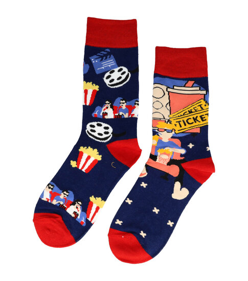 2113587546 Sokken katoen - film bioscoop print - rood blauw - maat 36-43