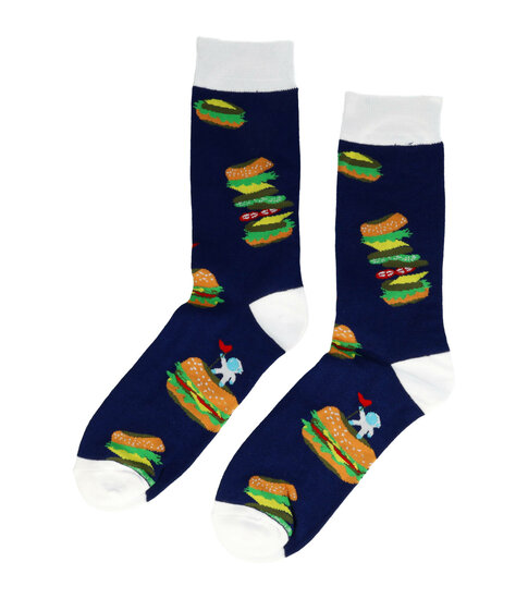 2113587927 Sokken katoen - hamburger fastfood print - blauw bruin - maat 38-45