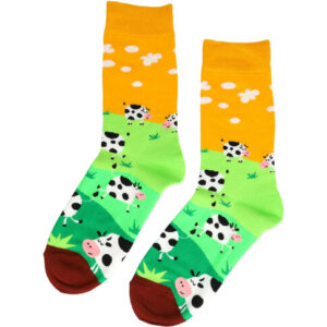 2113587966 Sokken katoen - koeien weide print - groen geel - maat 36-43
