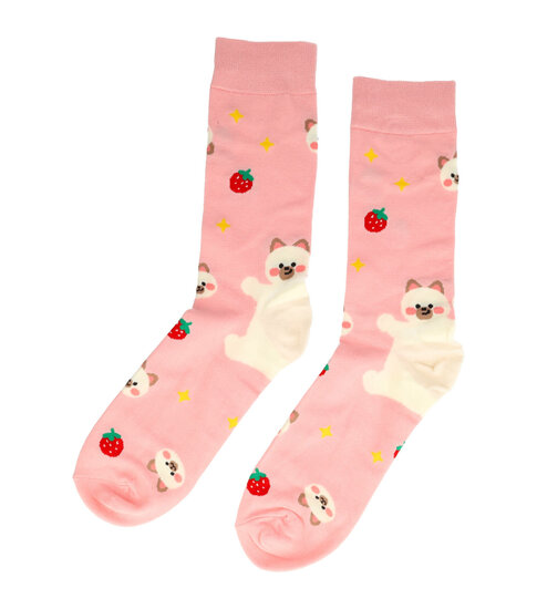 2113588011 Sokken katoen - katten print - roze wit - maat 38-45