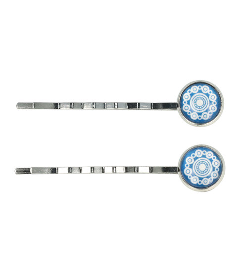 2114919657 Haarspeld schuifspeldjes - Cirkel vintage 6cm - Blauw wit zilver - Set van 2