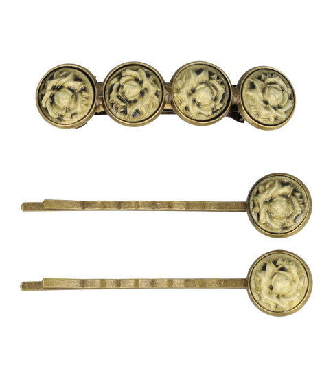 2114921250 Haarspeld Patentspeld Cirkel 5cm – Vintage Roos Bloemenpatroon – Crème/Bruin/Brons – Set van 3