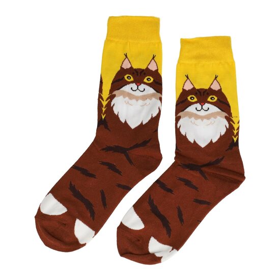 2115324375 Sokken katoen - katten print - wit geel bruin - maat 36-43