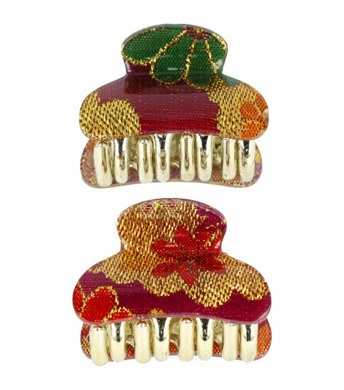 2115326709 Haarspeld Haarklemmen 4cm – Glitter Bloemenprint – Goud Paars – Set van 2