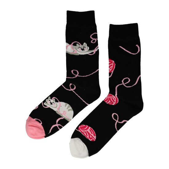 2115527229 Sokken katoen - katten print - zwart wit roze - maat 38-46