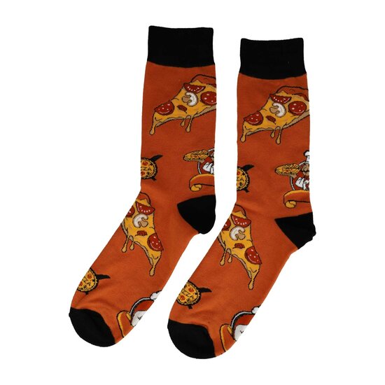 2115527943 Sokken katoen - pizzabakker print - bruin wit zwart - maat 38-46