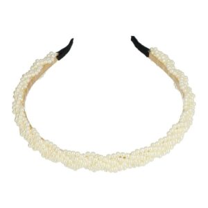 Haarband Diadeem 2cm – Gevlochten Parelkralen – Metaal – Goud Creme