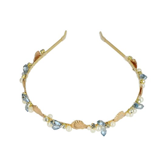 2116592334 Haarband Diadeem 1cm – Schelp Figuurtjes – Pareltjes & Facetkralen – Grijs Goud Wit