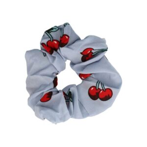 Haarelastiek Scrunchie – Kersenprint – Gladde Stof – Rood Grijs
