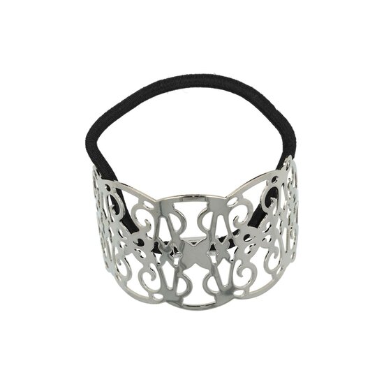 2120080596 Haarelastiek – Cuff 6cm – Opengewerkt Ornament – Metaalaccent – Zwart Zilver