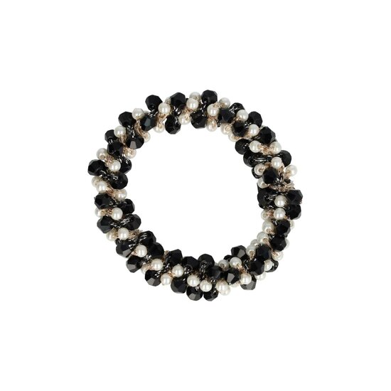 2122879179 Haarelastiek – Bedekt met Facetkralen & Parelkralen – Zwart Wit