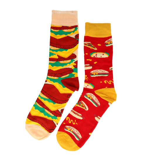 2124271881 Sokken katoen - hamburger fastfood print - rood geel - maat 38-45